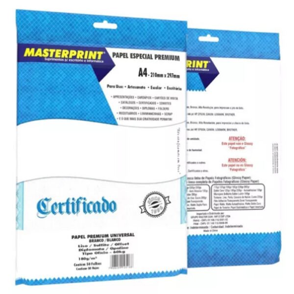 PAPEL DIPLOMATA OFFSET LISO A4 BRANCO 180GR C/ 50 MASTERPRINT