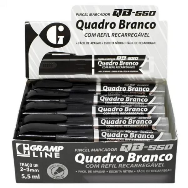 CAIXA DE MARCADOR DE QUADRO BRANCO RECARREGAVEL QB-550 PRETO C/10 GRAMPLINE