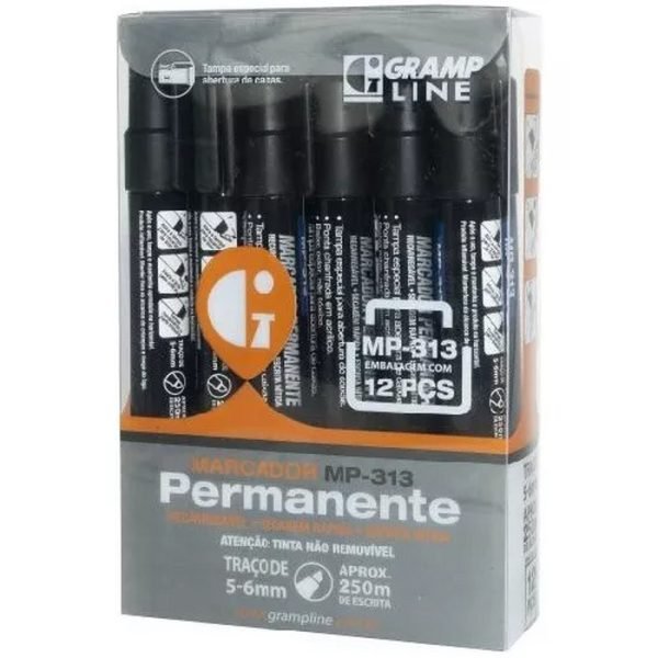 CAIXA DE MARCADOR PERMANENTE MP-313 PRETO C/12 GRAMPLINE