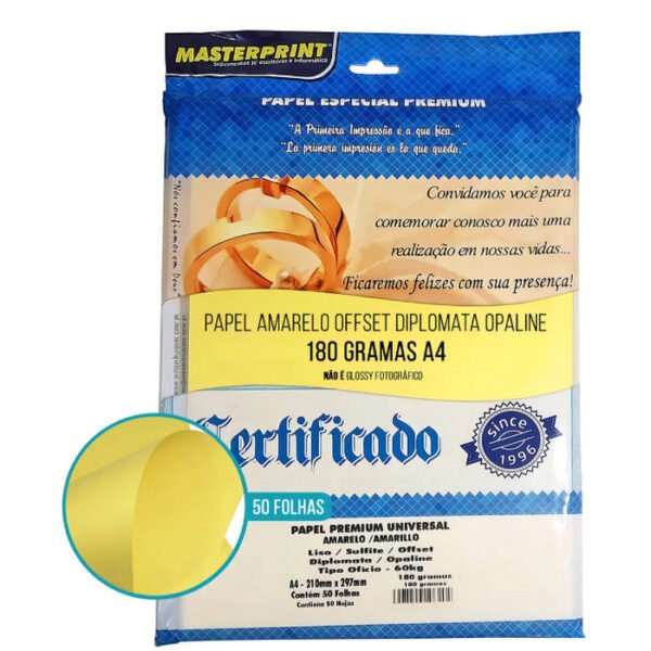 PAPEL DIPLOMATA OFFSET LISO A4  AMARELO 180GR C/ 50 MASTERPRINT