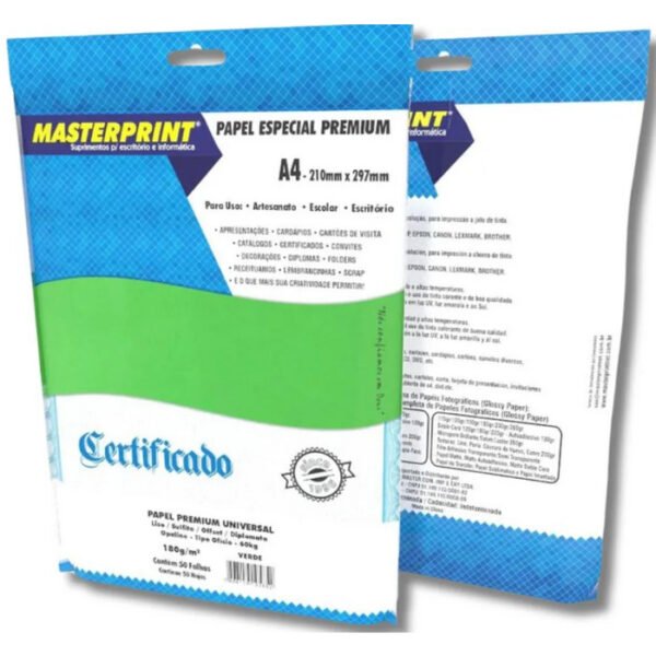 PAPEL DIPLOMATA OFFSET LISO A4 VERDE 180GR C/ 50 MASTERPRINT